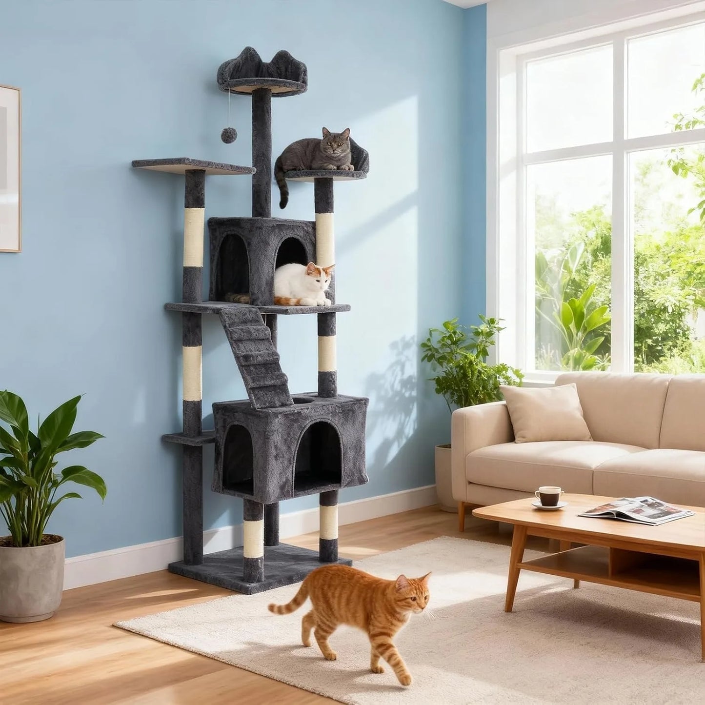 Multi-Level Cat Tower with 6 Scratching Posts, 2 Condos, 3 Perches, Hammock