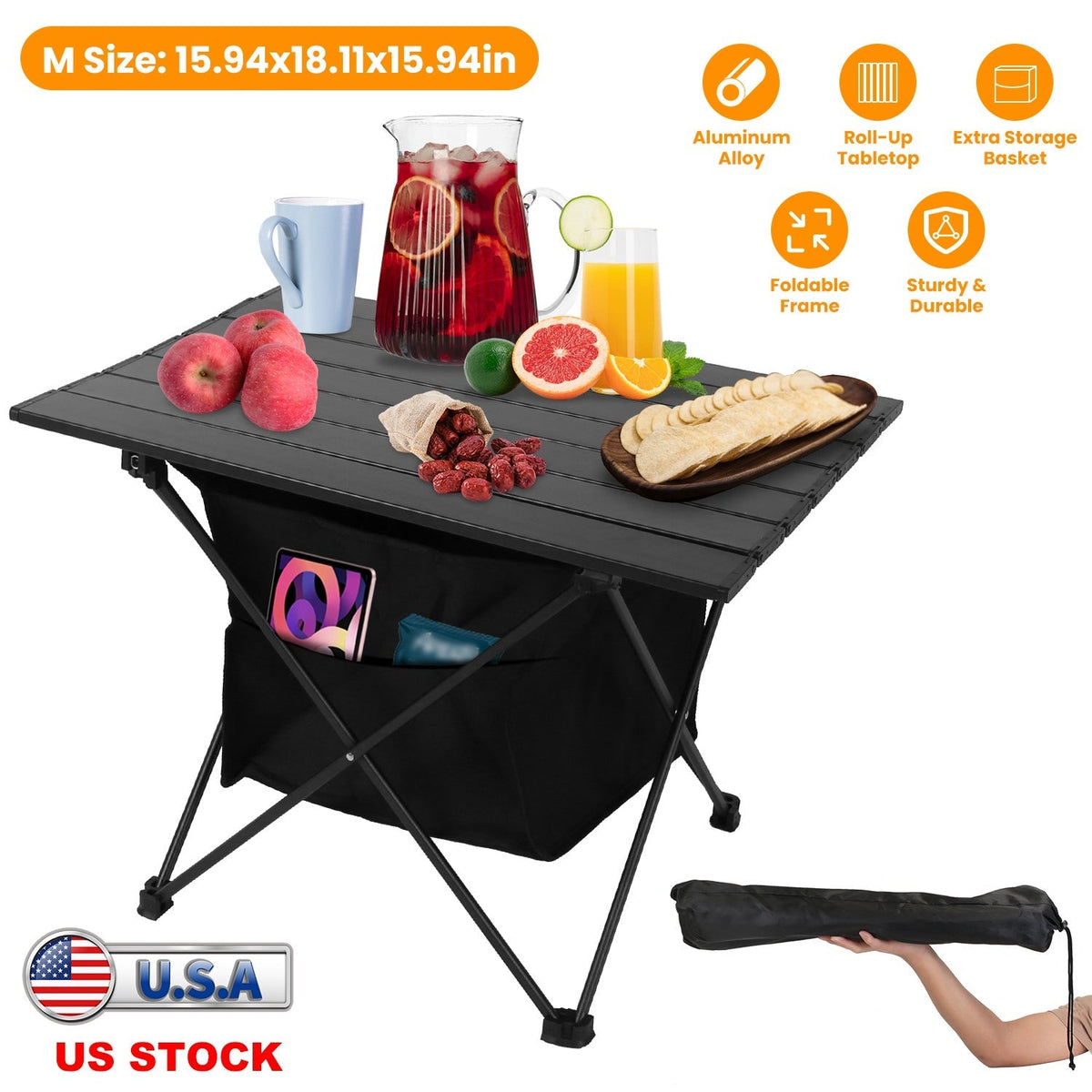 Foldable Camping Table With Storage Basket Rustproof Portable Aluminum Alloy Roll-Up Camping Table With Carrying Bag For Camping Hiking BBQ Picnic Fis