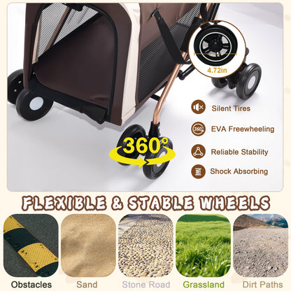 Double Pet Stroller for Dogs and Cats with Foldable Frame - Khaki