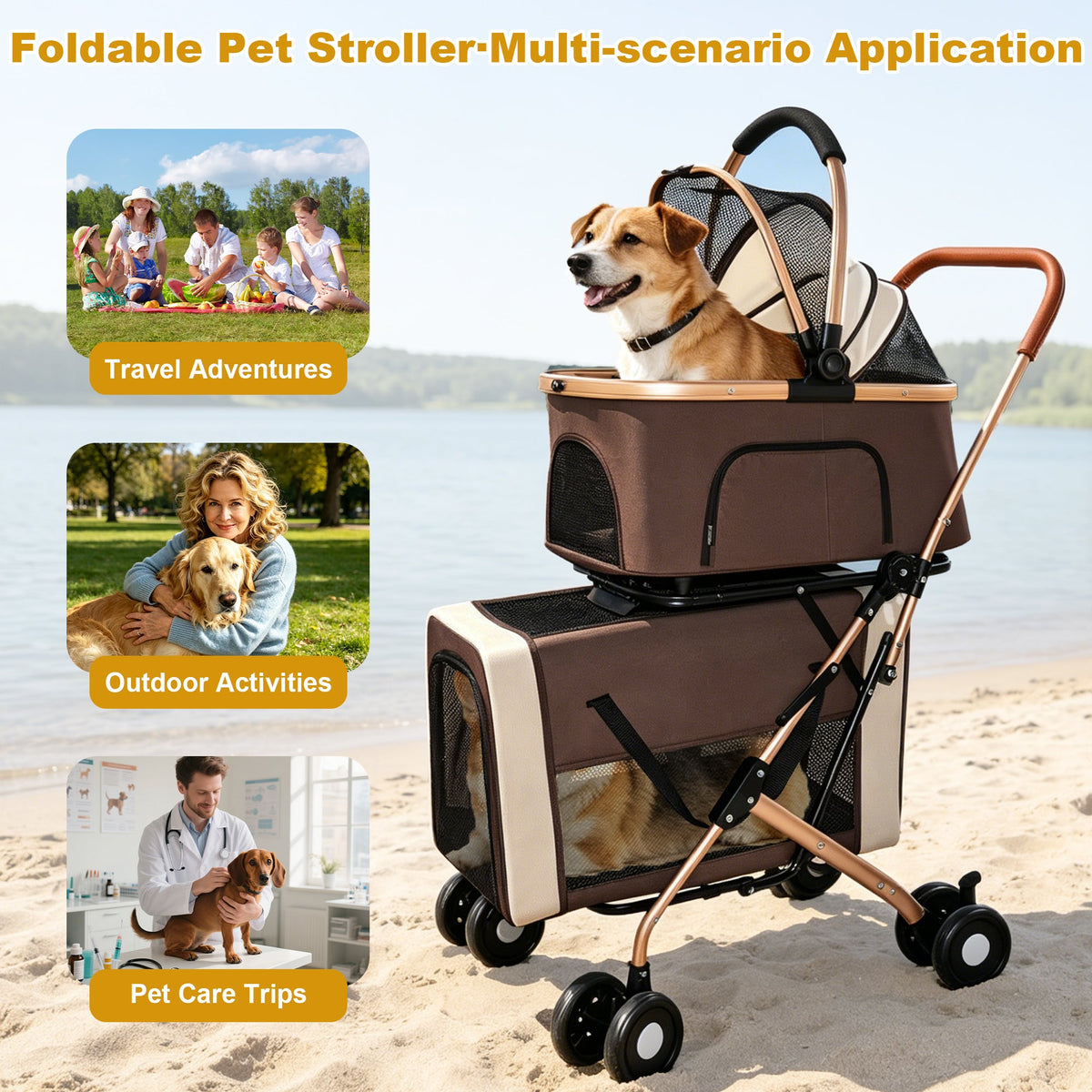 Double Pet Stroller for Dogs and Cats with Foldable Frame - Khaki