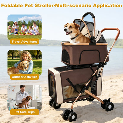 Double Pet Stroller for Dogs and Cats with Foldable Frame - Khaki