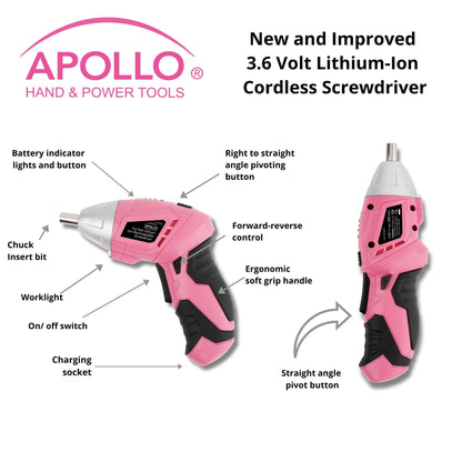 New and Improved 135 Piece Pink Household Tool Set with Pivoting Dual-Angle 3.6 Volt Lithium-Ion Cordless Screwdriver in Hard Case - DT0774P