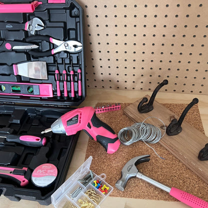 New and Improved 135 Piece Pink Household Tool Set with Pivoting Dual-Angle 3.6 Volt Lithium-Ion Cordless Screwdriver in Hard Case - DT0774P