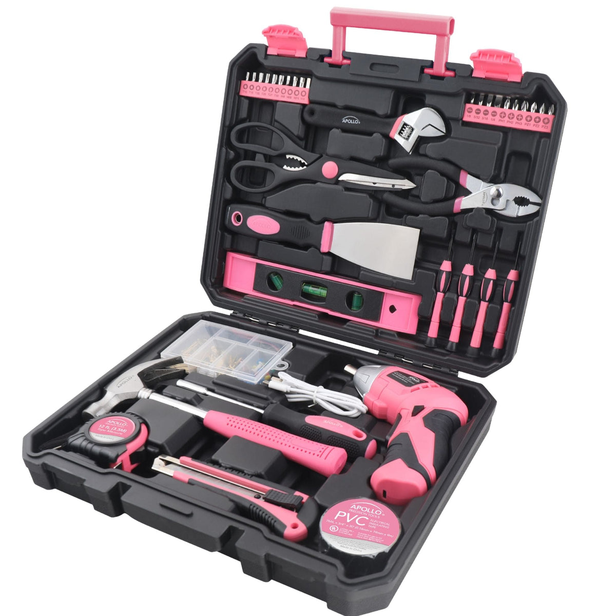 New and Improved 135 Piece Pink Household Tool Set with Pivoting Dual-Angle 3.6 Volt Lithium-Ion Cordless Screwdriver in Hard Case - DT0774P