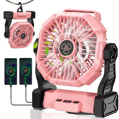 10400mAh 13hrs Rechargeable Automatic Oscillating Camping Fan with LED and Hook