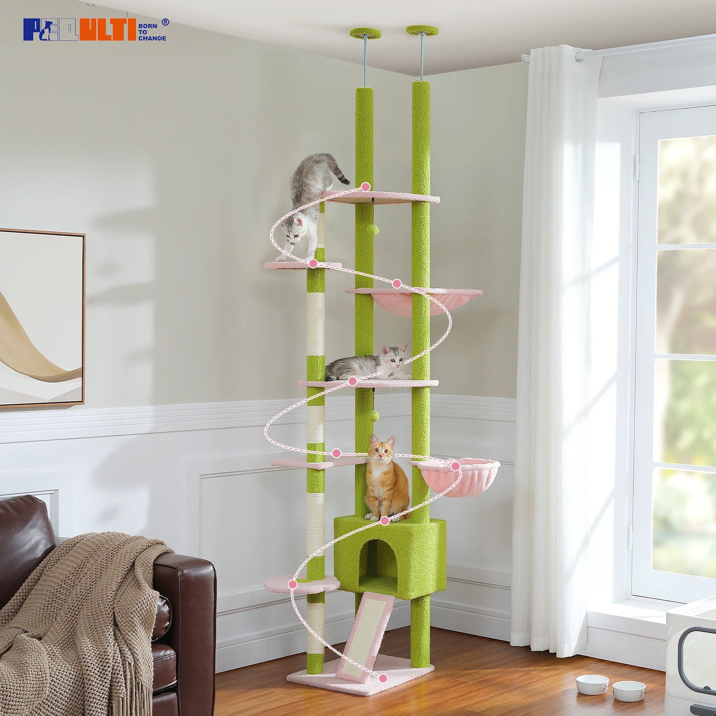 Floor to Ceiling Cat Tower with  Condo, Hammock, and Scratching Post
