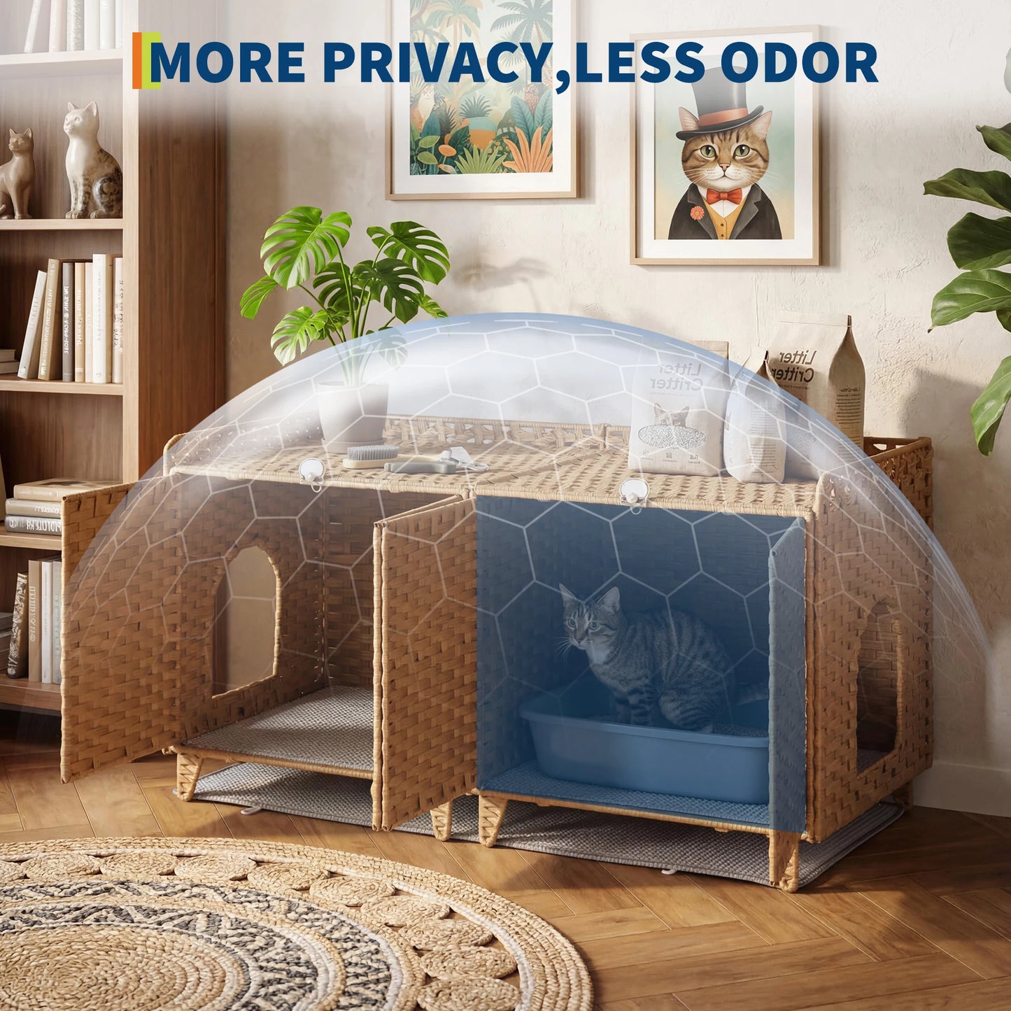 Cat Litter Box Enclosure Furniture, Handwoven Rattan Cat Houses