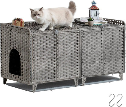 Cat Litter Box Enclosure Furniture, Handwoven Rattan Cat Houses