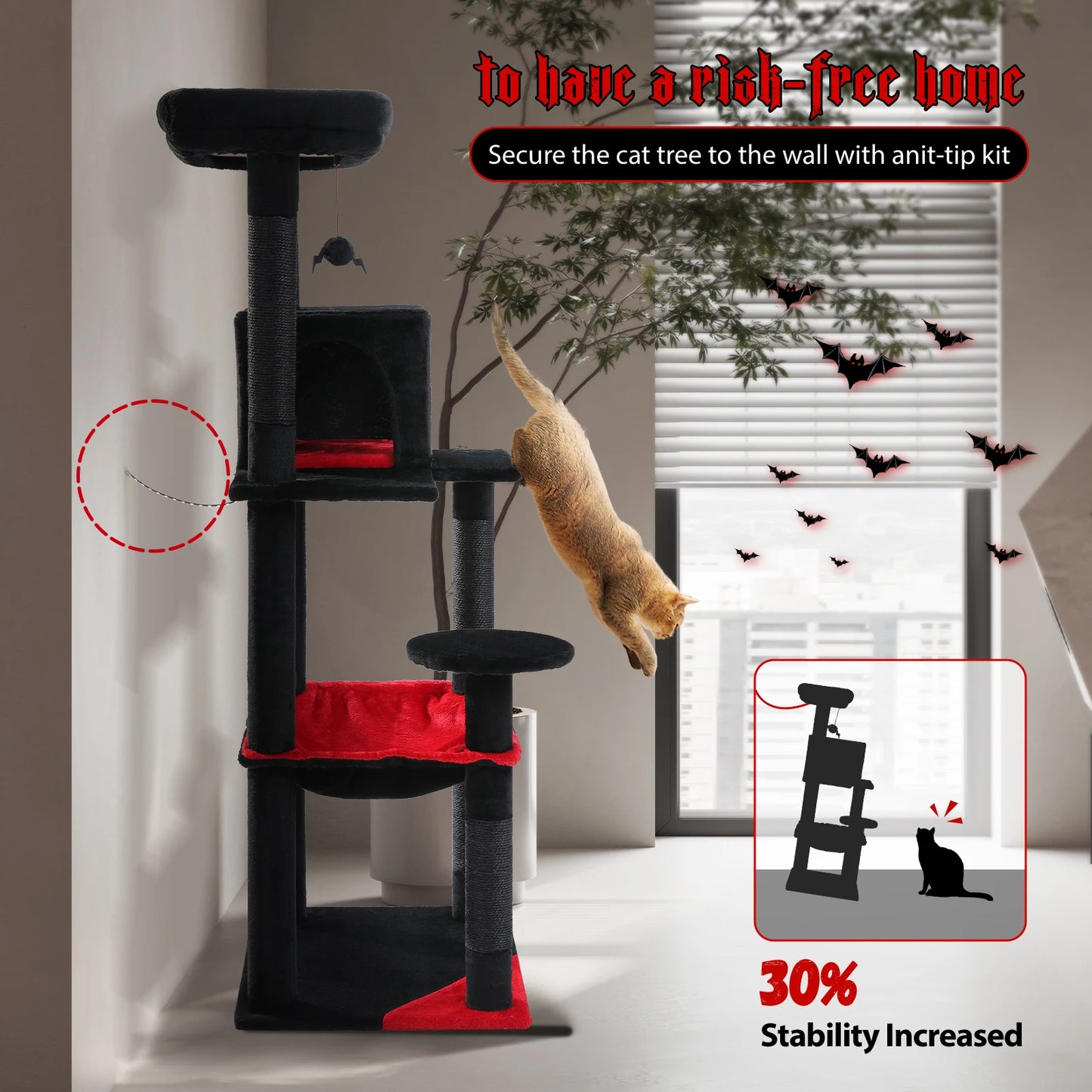 Tall Cat Tower with Large Hammock, Sisal Covered Scratching Post