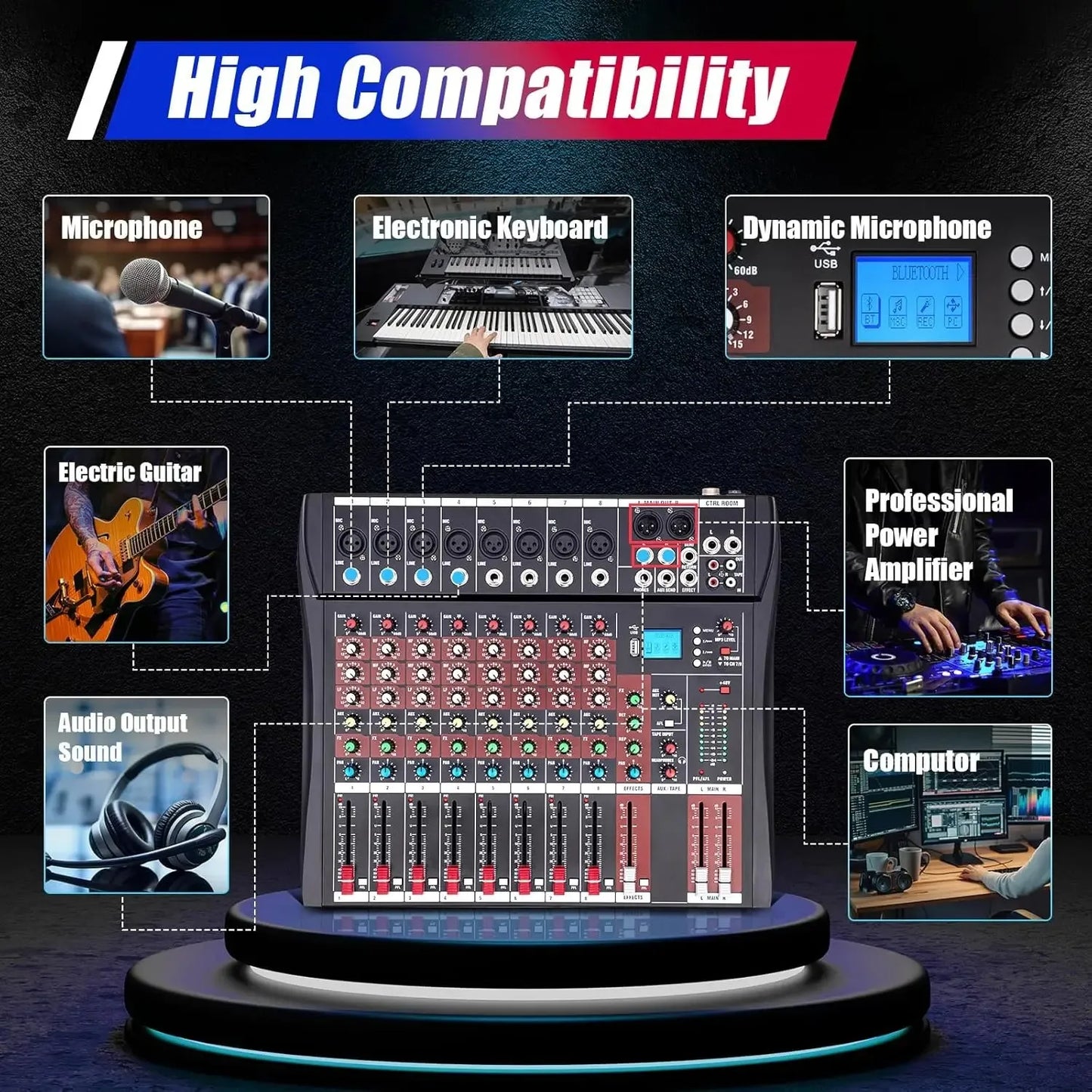 8 Channel Audio Mixer, Bluetooth, Power Amplifier, Sound Board