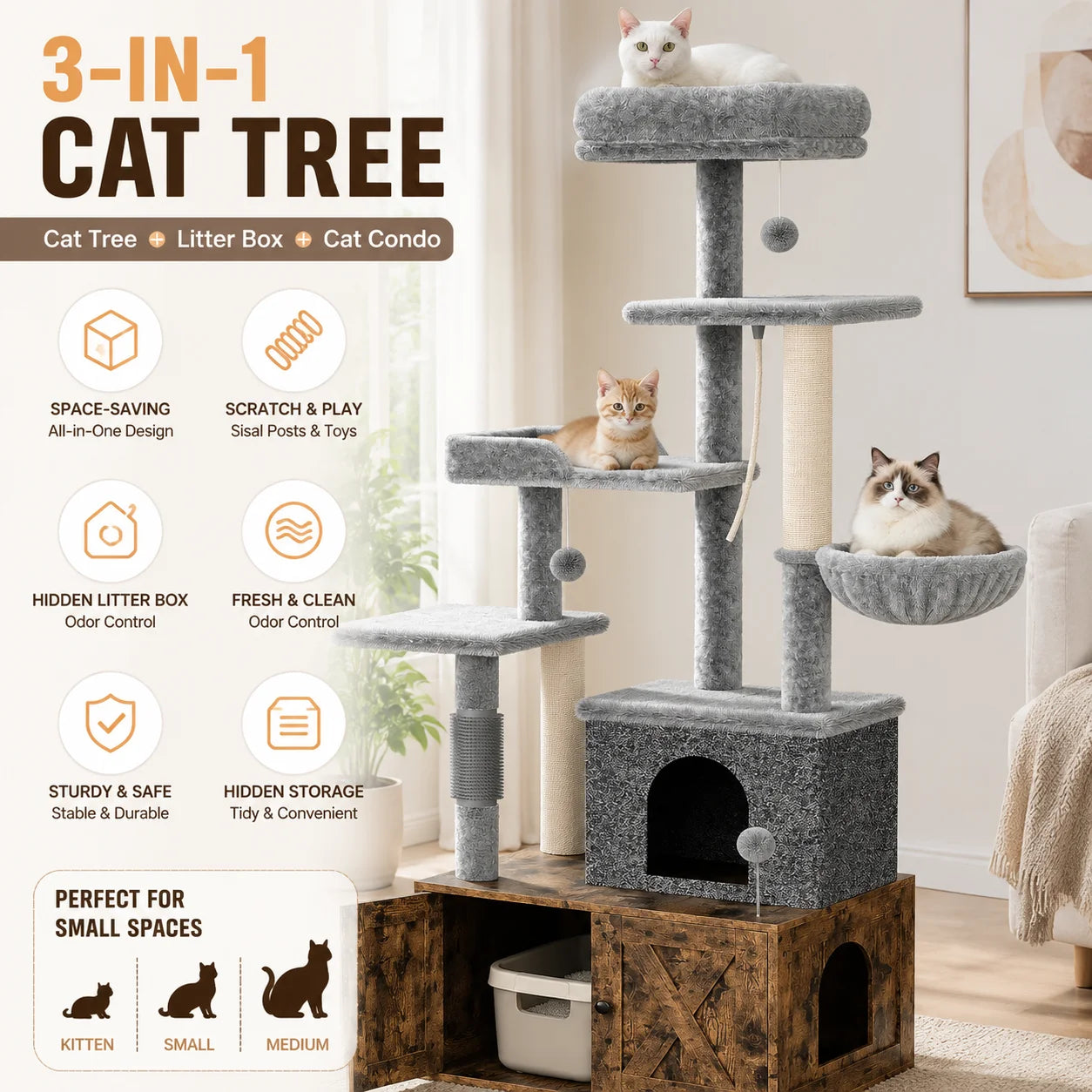 Modern Cat Tree with Hidden Litter Box Enclosure, with Scratching Post