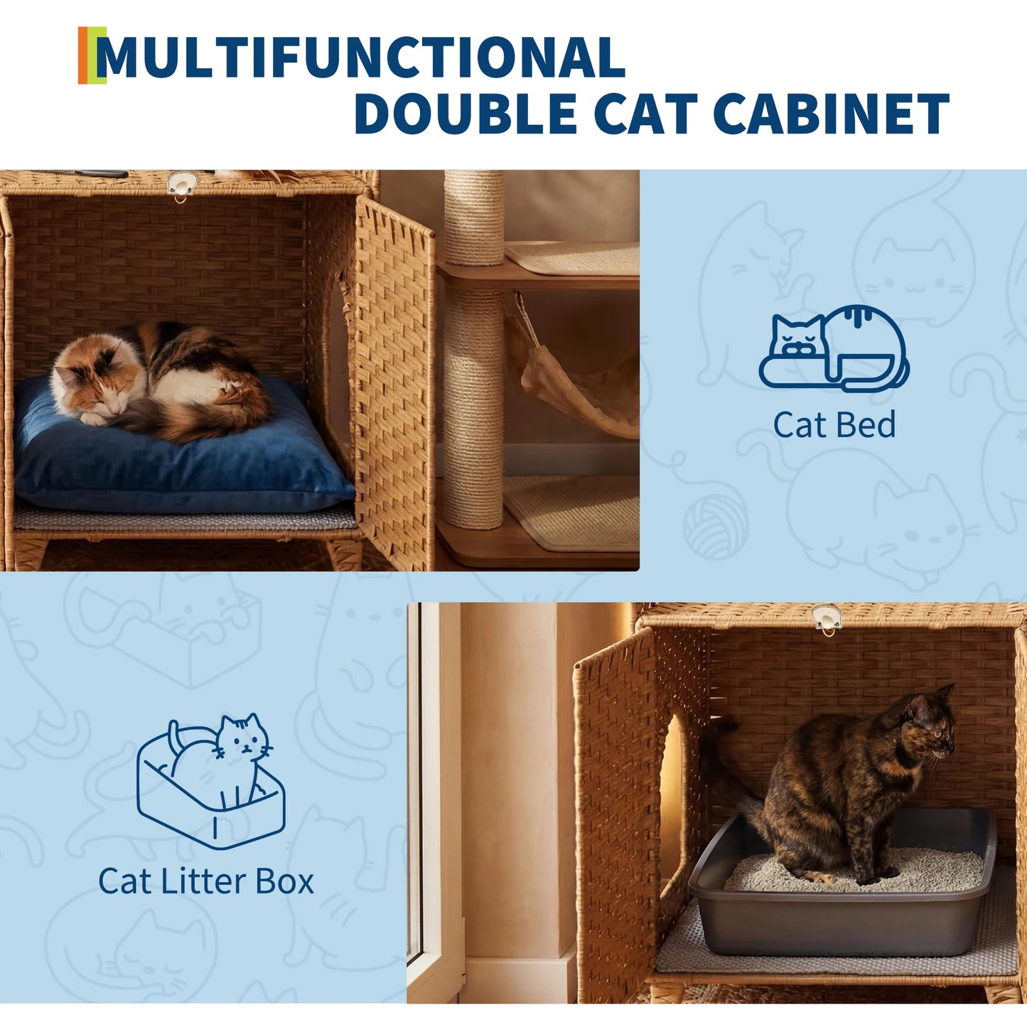 Cat Litter Box Enclosure Furniture, Handwoven Rattan Cat Houses