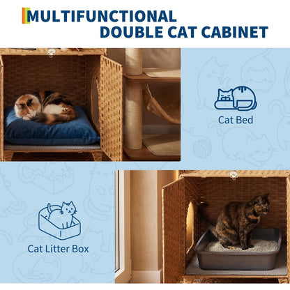 Cat Litter Box Enclosure Furniture, Handwoven Rattan Cat Houses