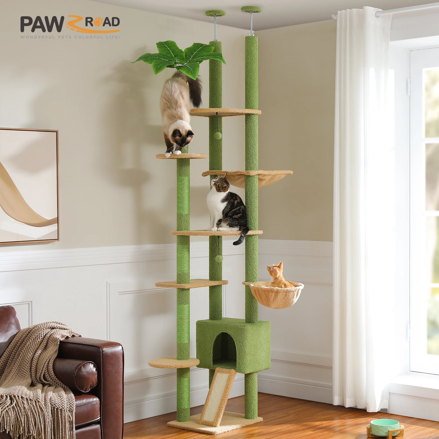 Floor to Ceiling Cat Tower with  Condo, Hammock, and Scratching Post