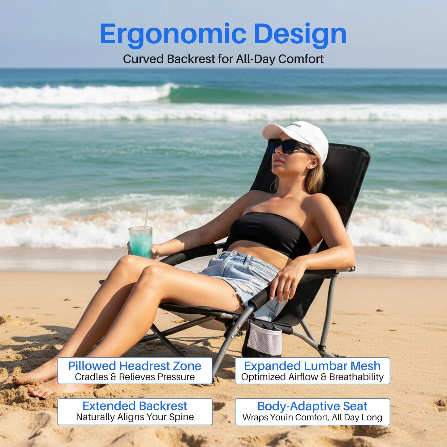 Portable Camping Beach Chair, Mesh Back, Padded Armrests