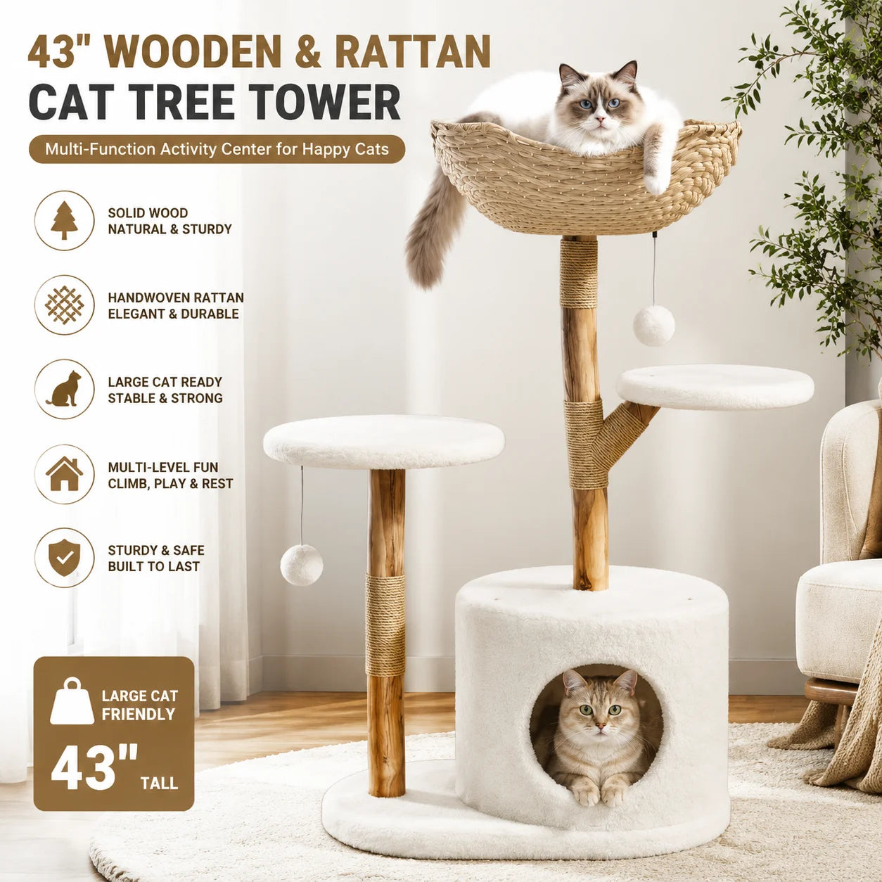 Cat Tree Tower with Rattan, Cat Climbing Furniture