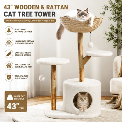 Cat Tree Tower with Rattan, Cat Climbing Furniture