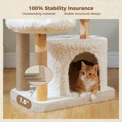 Cat Tree, Solid Wood Tower with Luxury Cat Condo, Hammock