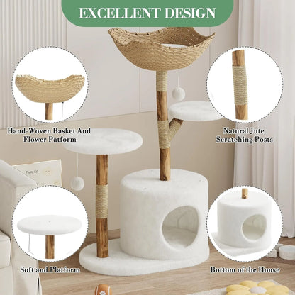 Cat Tree Tower with Rattan, Cat Climbing Furniture