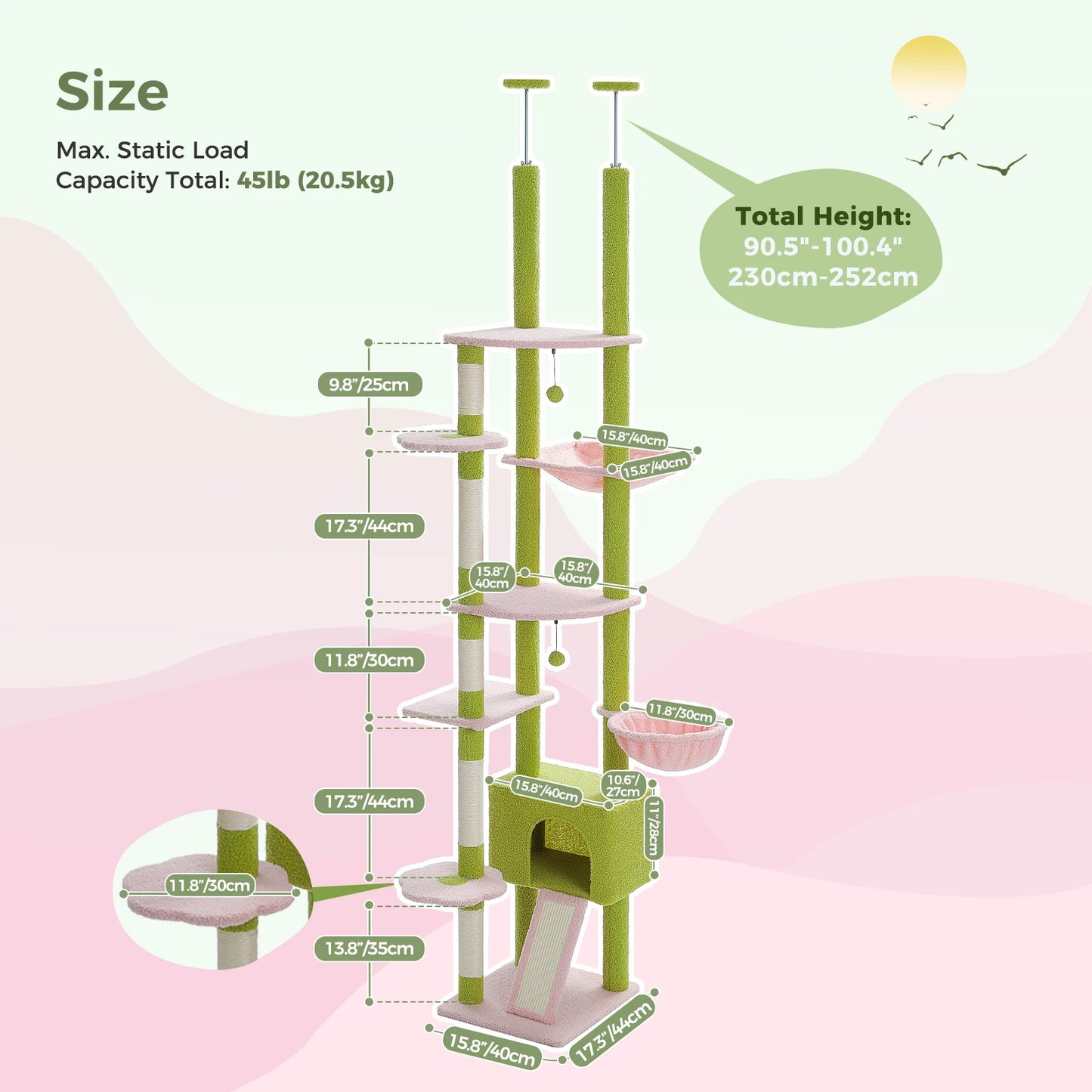 Floor to Ceiling Cat Tower with  Condo, Hammock, and Scratching Post