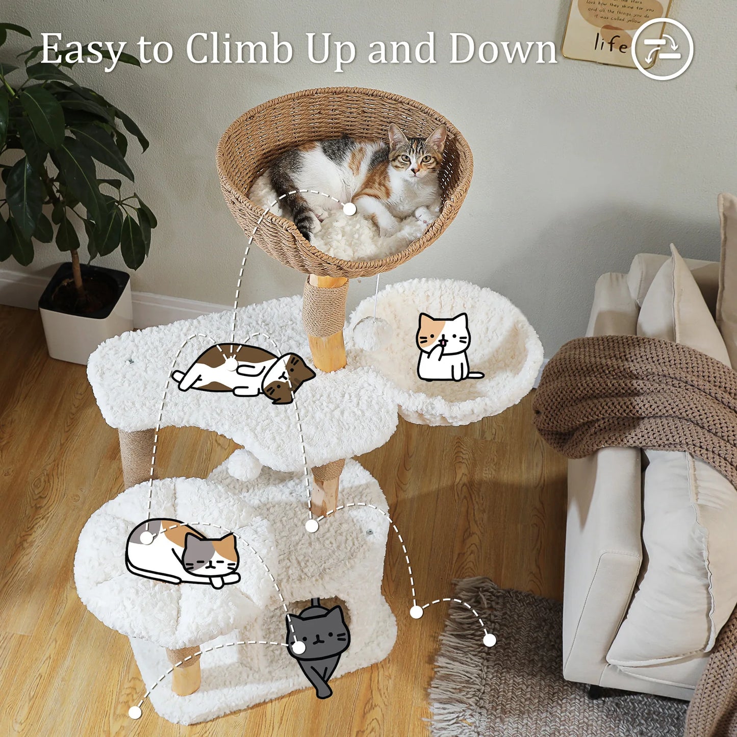 Cat Tree, Solid Wood Tower with Luxury Cat Condo, Hammock