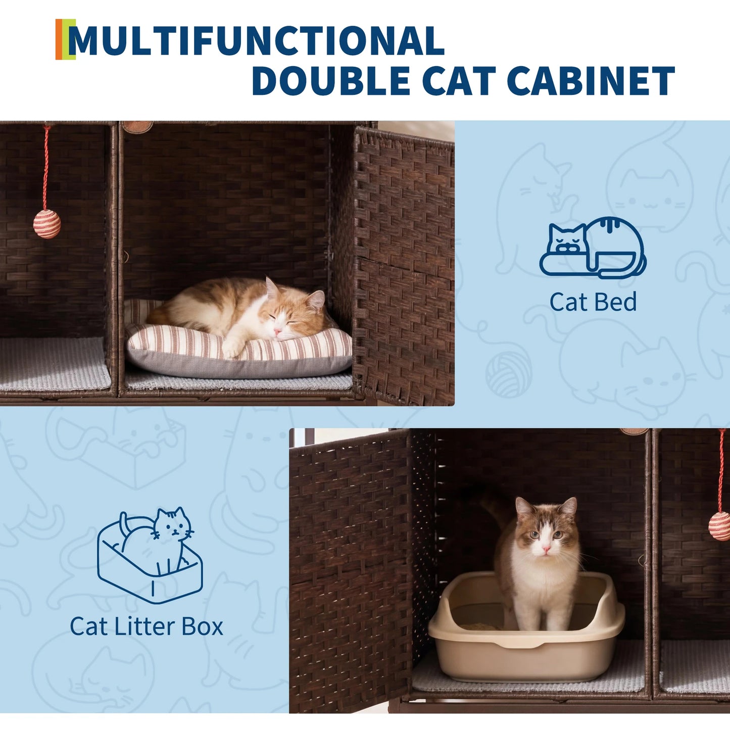 Cat Litter Box Enclosure Furniture, Handwoven Rattan Cat Houses