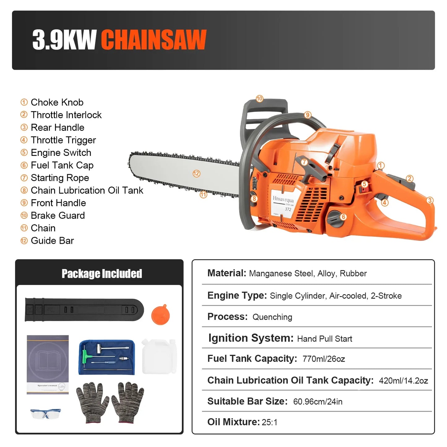 24" 2 Stroke Handheld Cordless Chain Saw