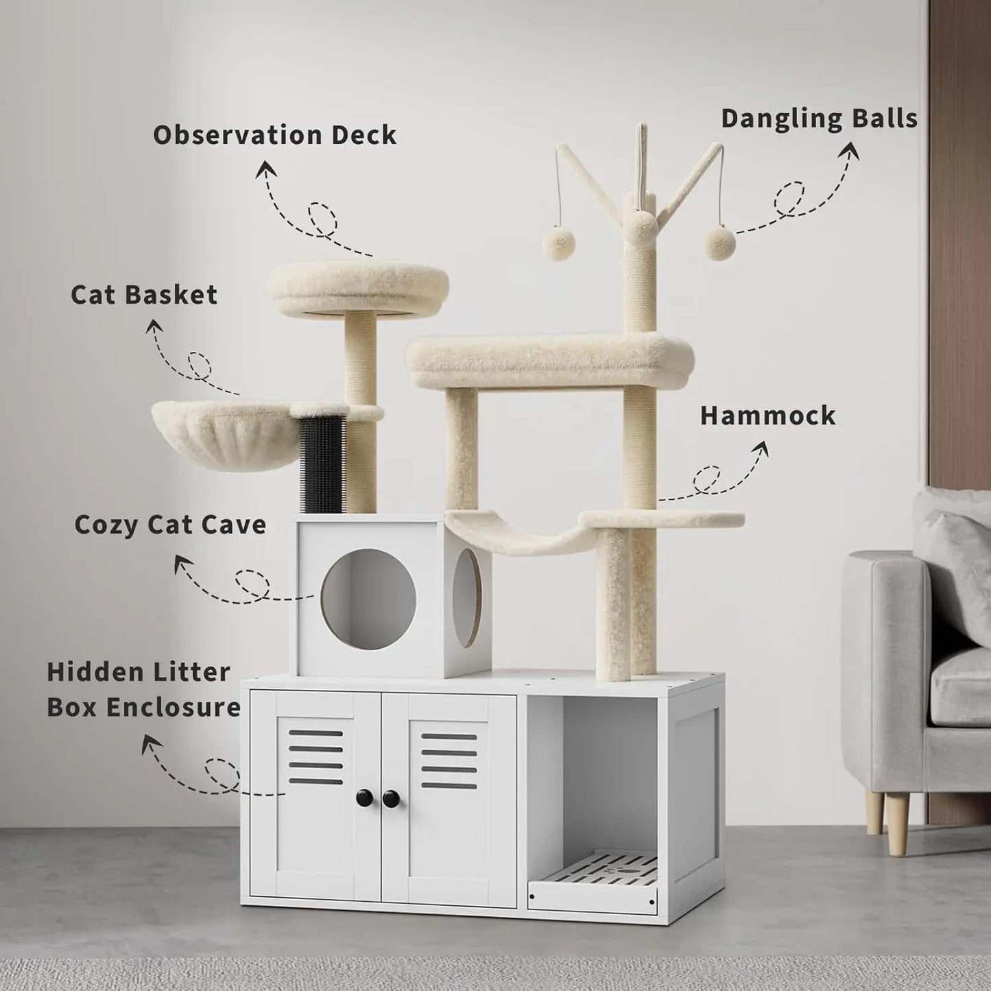 Litter Box Enclosure with Cat Tree with Condo/Hammock/Scratching Post