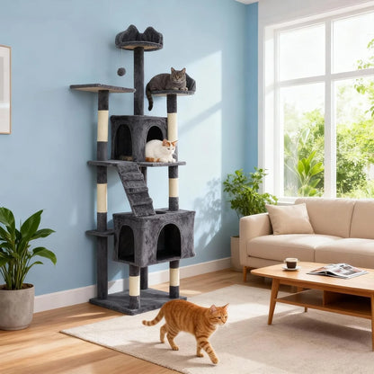 Multi-Level Cat Tower with 6 Scratching Posts, 2 Condos, 3 Perches, Hammock