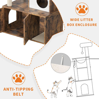 Cat Tower with Litter Box Enclosure,  with Scratching Posts, Hammock & Perches,