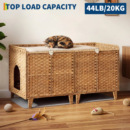 Cat Litter Box Enclosure Furniture, Handwoven Rattan Cat Houses