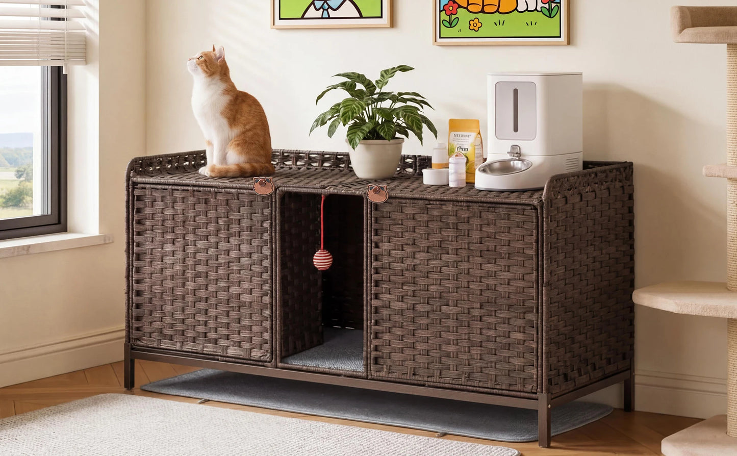 Cat Litter Box Enclosure Furniture, Handwoven Rattan Cat Houses