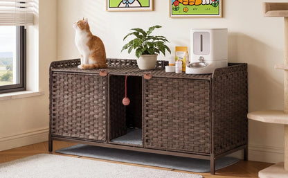 Cat Litter Box Enclosure Furniture, Handwoven Rattan Cat Houses