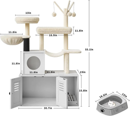 Litter Box Enclosure with Cat Tree with Condo/Hammock/Scratching Post