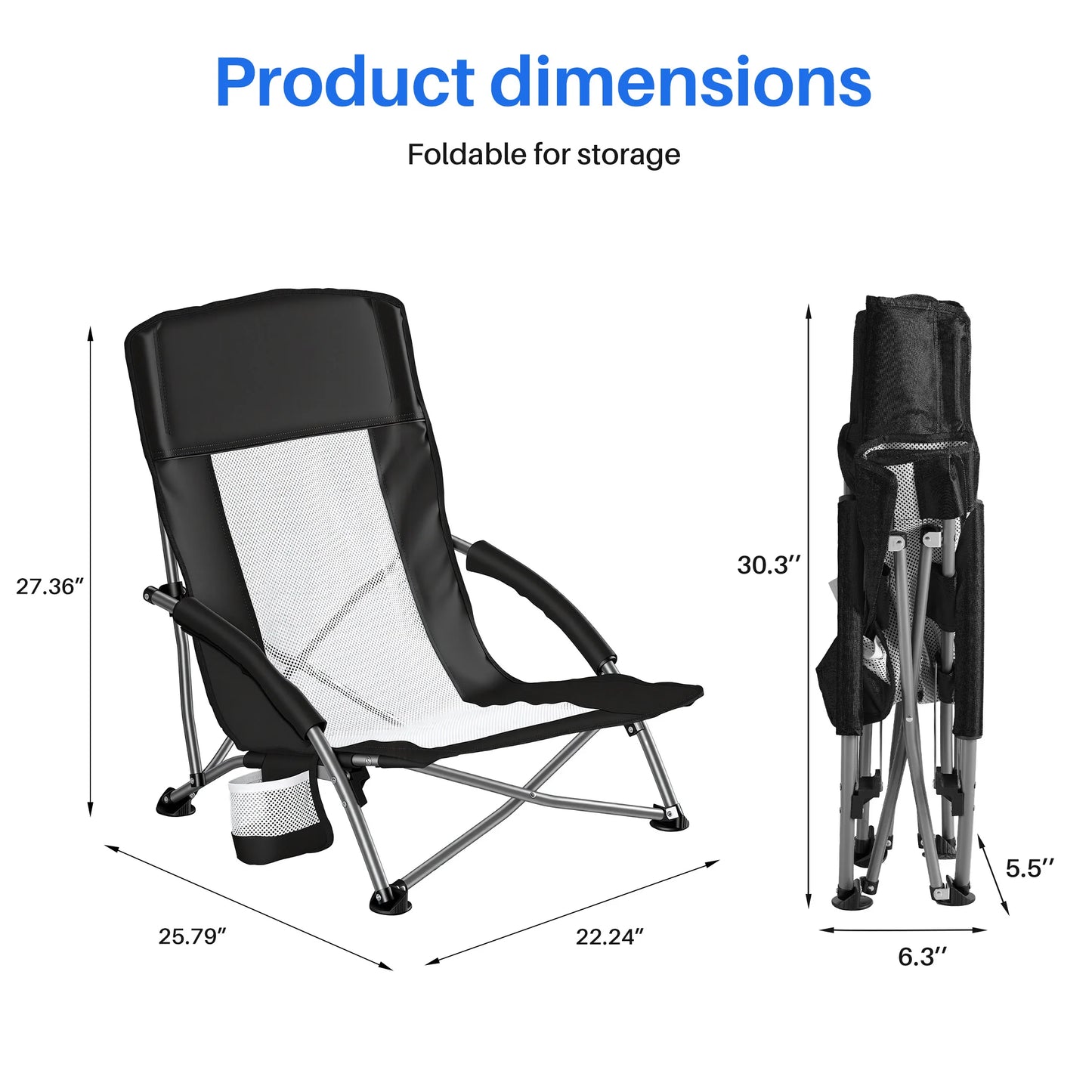 Portable Camping Beach Chair, Mesh Back, Padded Armrests