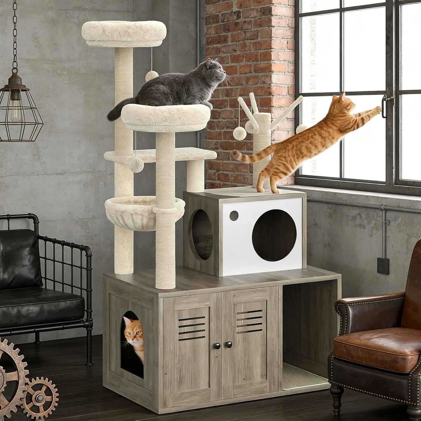 Cat Tower with Litter Box Enclosure,  with Scratching Posts, Hammock & Perches,