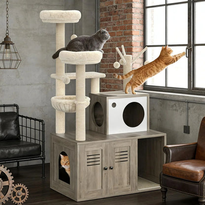 Cat Tower with Litter Box Enclosure,  with Scratching Posts, Hammock & Perches,