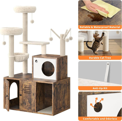 Cat Tower with Litter Box Enclosure,  with Scratching Posts, Hammock & Perches,