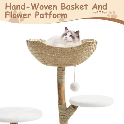 Cat Tree Tower with Rattan, Cat Climbing Furniture