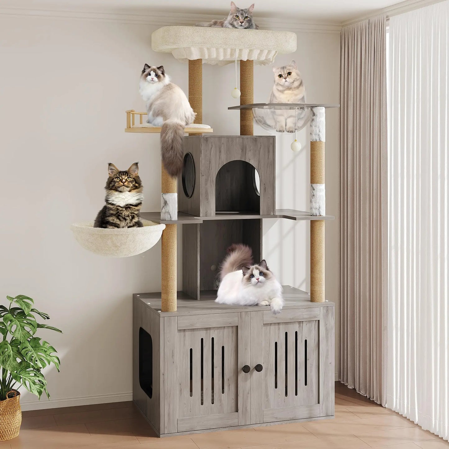 Cat Tree With Litter Box Enclosure, Sisal Scratching Posts And Hammock