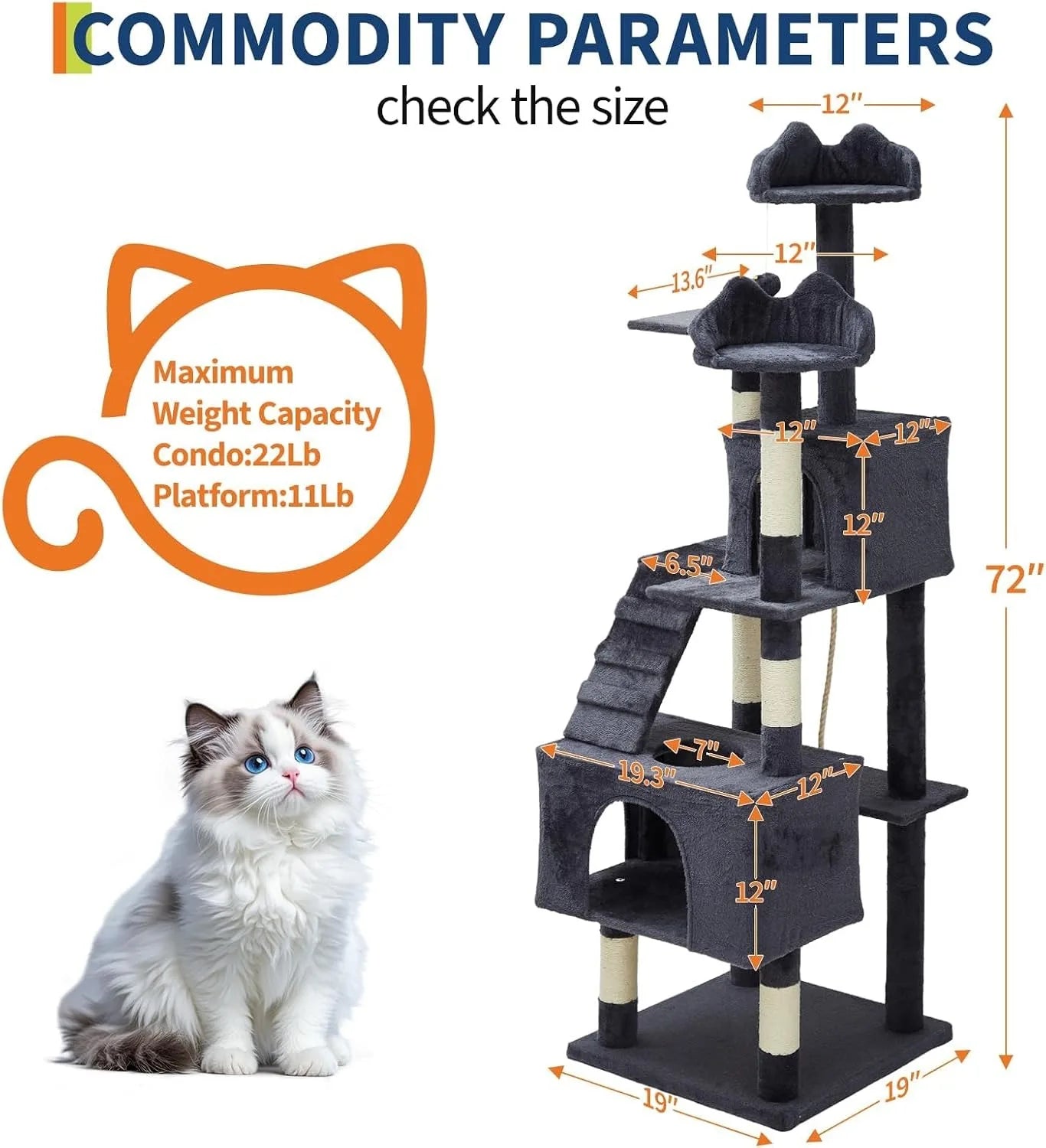 Multi-Level Cat Tower with 6 Scratching Posts, 2 Condos, 3 Perches, Hammock
