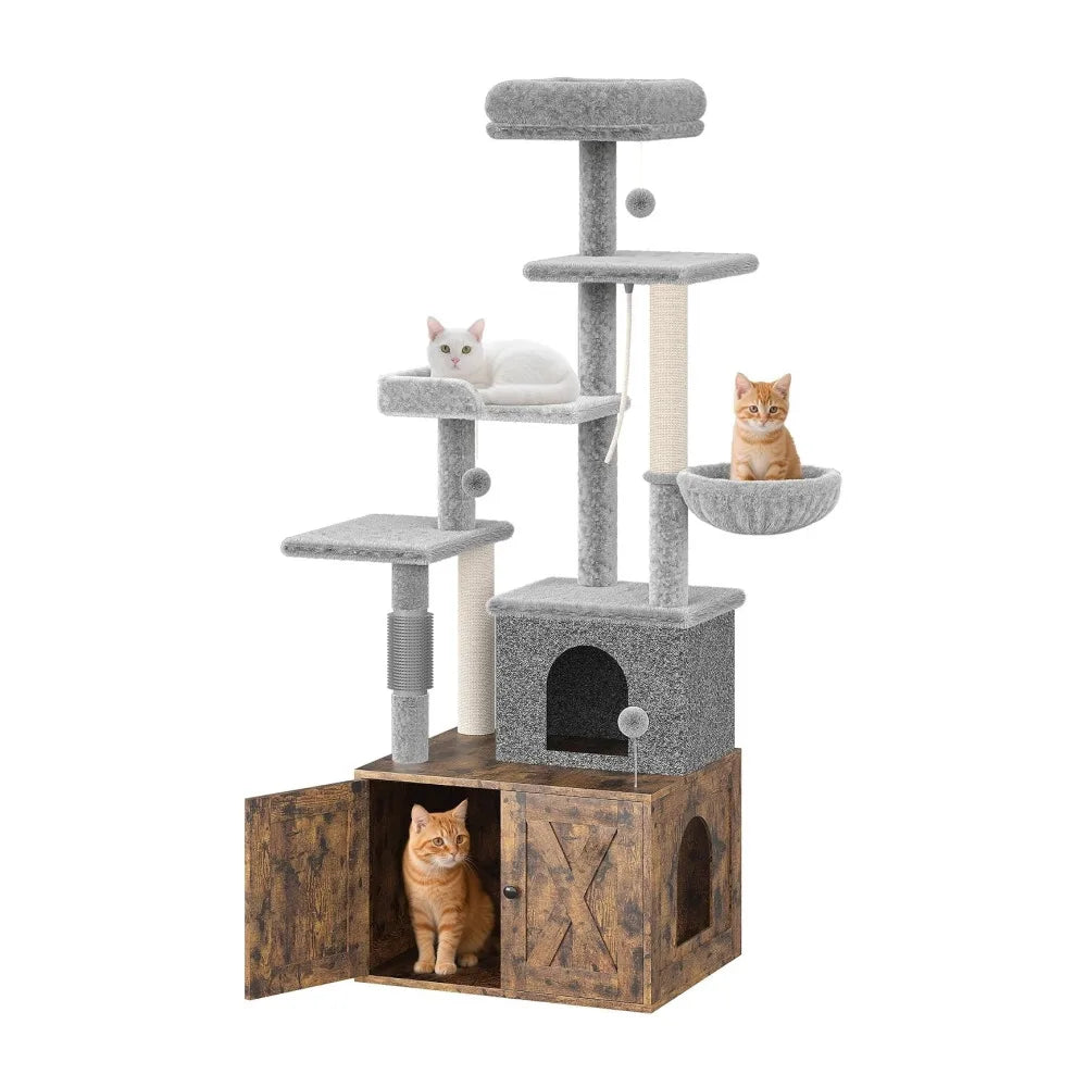 Modern Cat Tree with Hidden Litter Box Enclosure, with Scratching Post