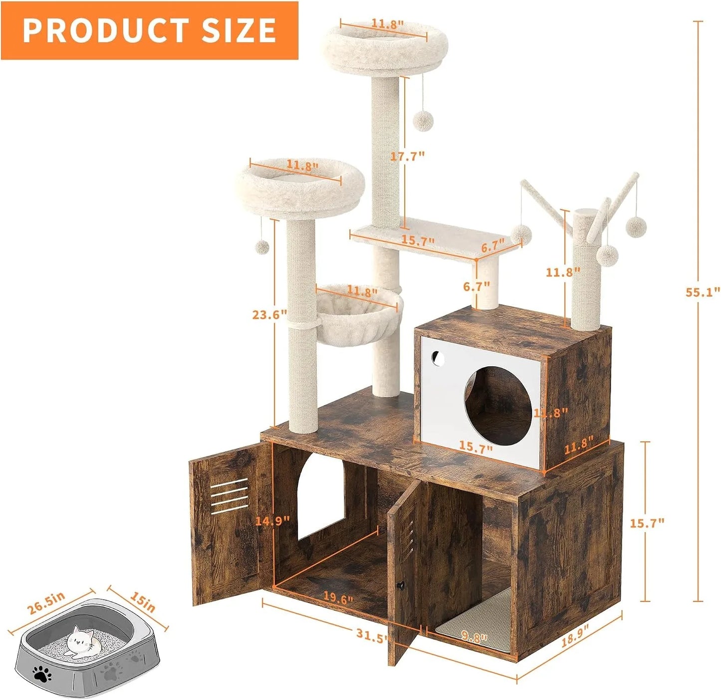 Cat Tower with Litter Box Enclosure,  with Scratching Posts, Hammock & Perches,
