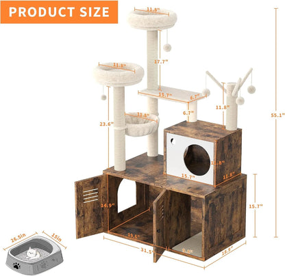 Cat Tower with Litter Box Enclosure,  with Scratching Posts, Hammock & Perches,