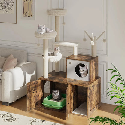 Cat Tower with Litter Box Enclosure,  with Scratching Posts, Hammock & Perches,