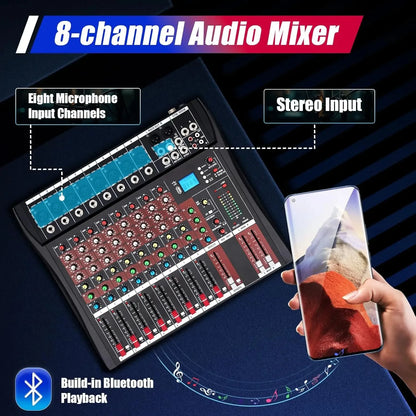 8 Channel Audio Mixer, Bluetooth, Power Amplifier, Sound Board