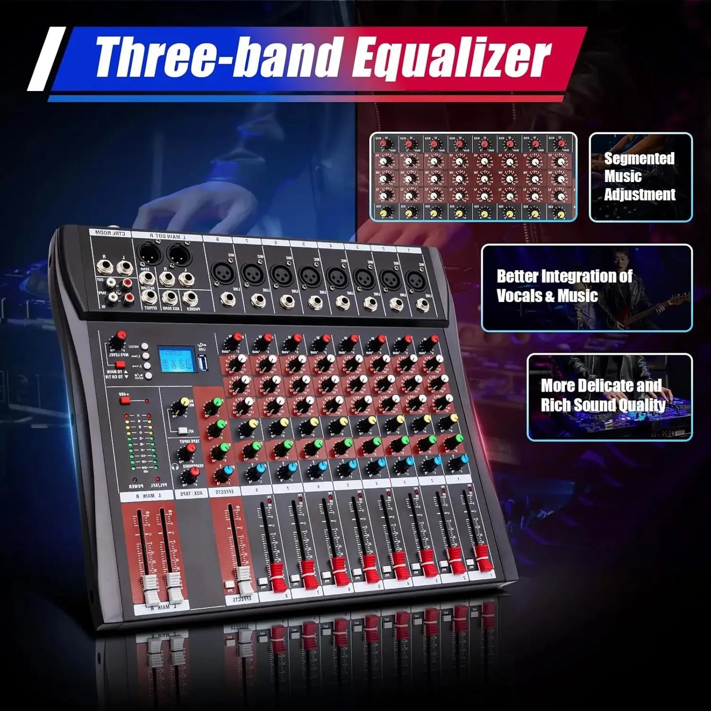 8 Channel Audio Mixer, Bluetooth, Power Amplifier, Sound Board