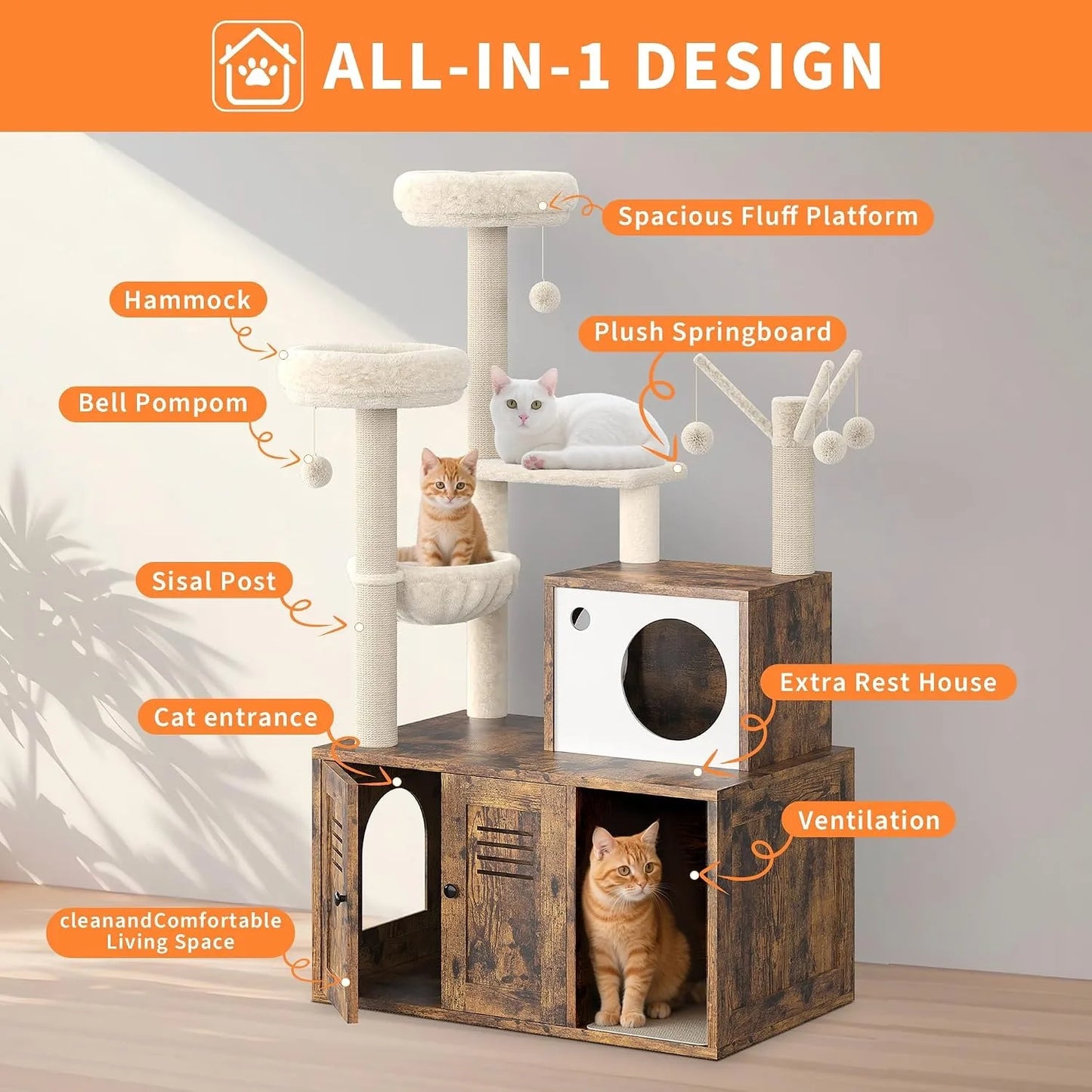 Cat Tower with Litter Box Enclosure,  with Scratching Posts, Hammock & Perches,