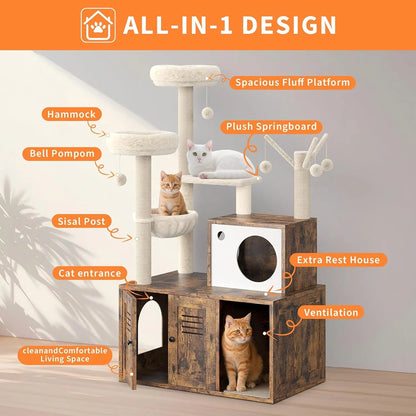 Cat Tower with Litter Box Enclosure,  with Scratching Posts, Hammock & Perches,