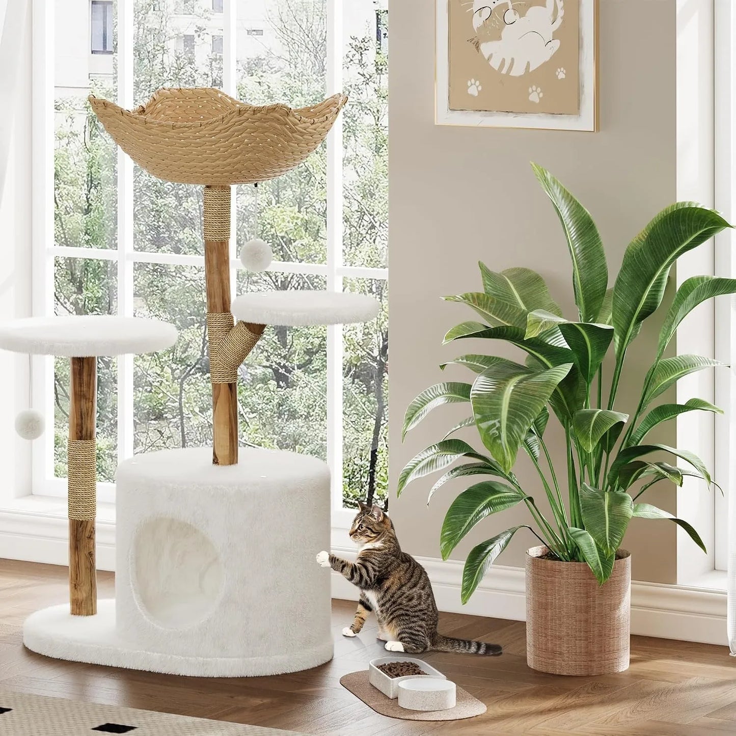 Cat Tree Tower with Rattan, Cat Climbing Furniture